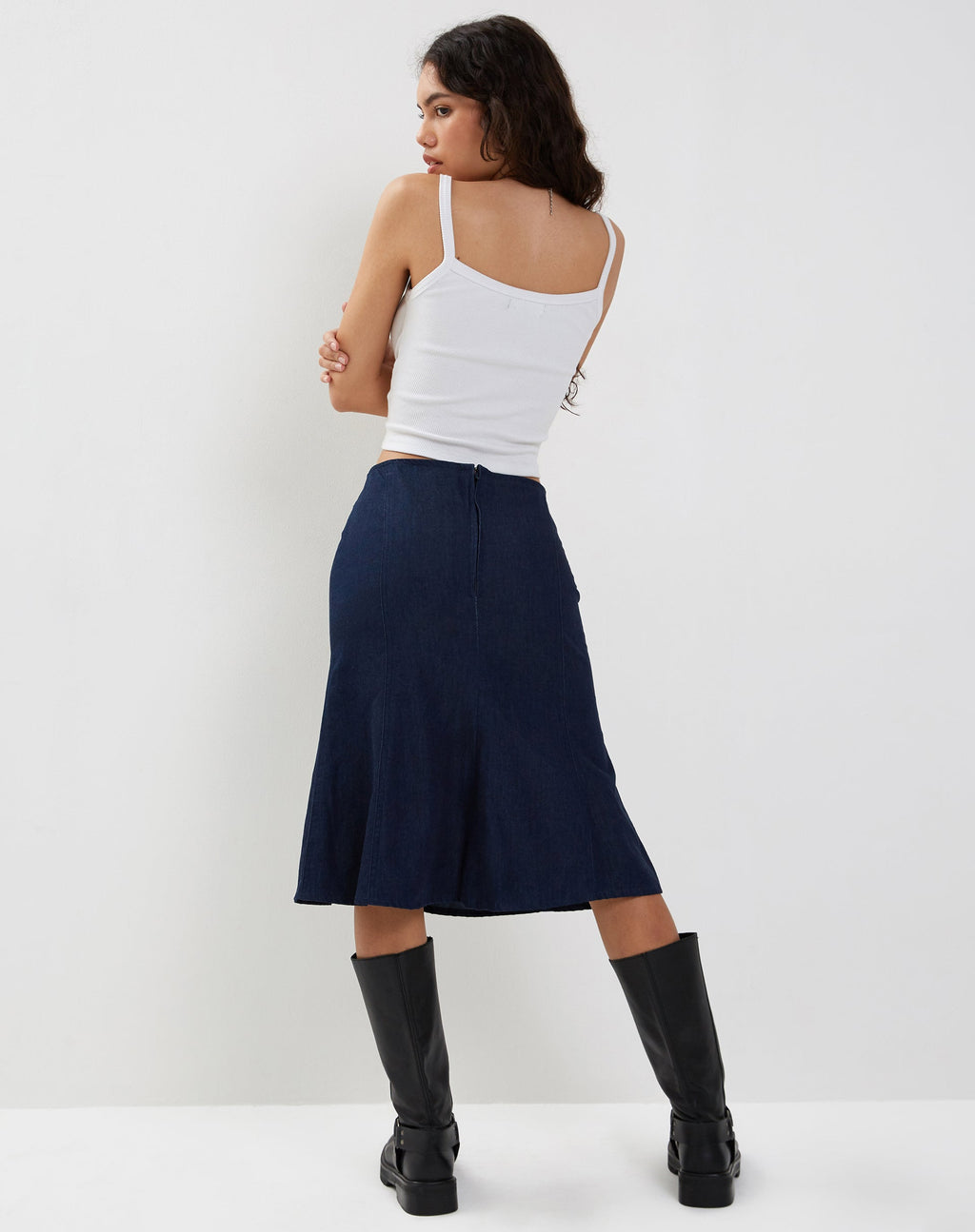 Jupe midi Eames en denim bleu indigo