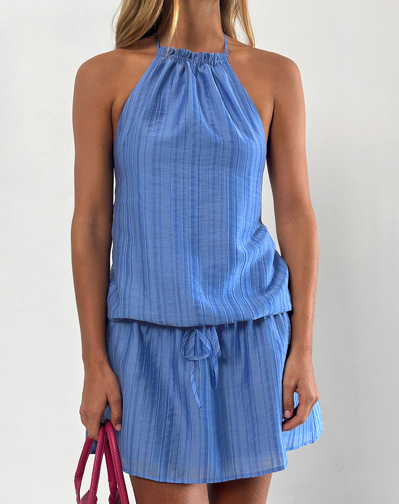 Veloria - Mini robe dos nu en mousseline de soie bleue à rayures peintes