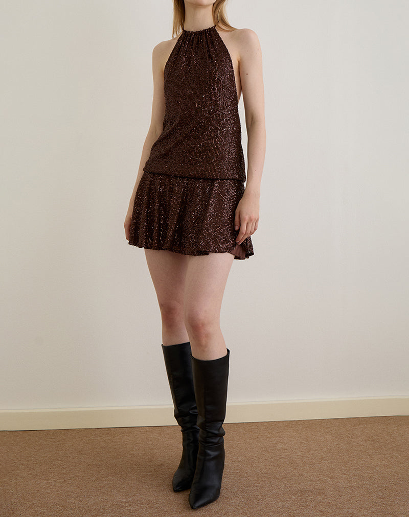 Mini robe Veloria en drapé pailleté marron