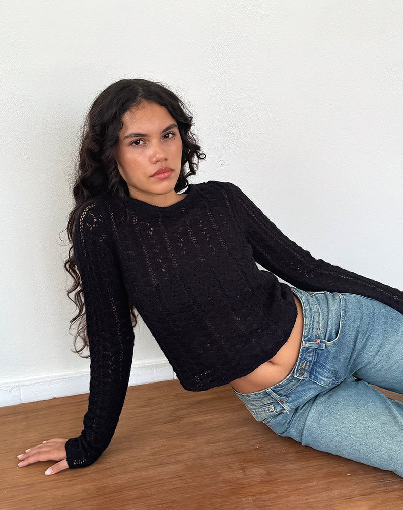 Venia Knitted Long Sleeve Top in Black (Top à manches longues en maille)