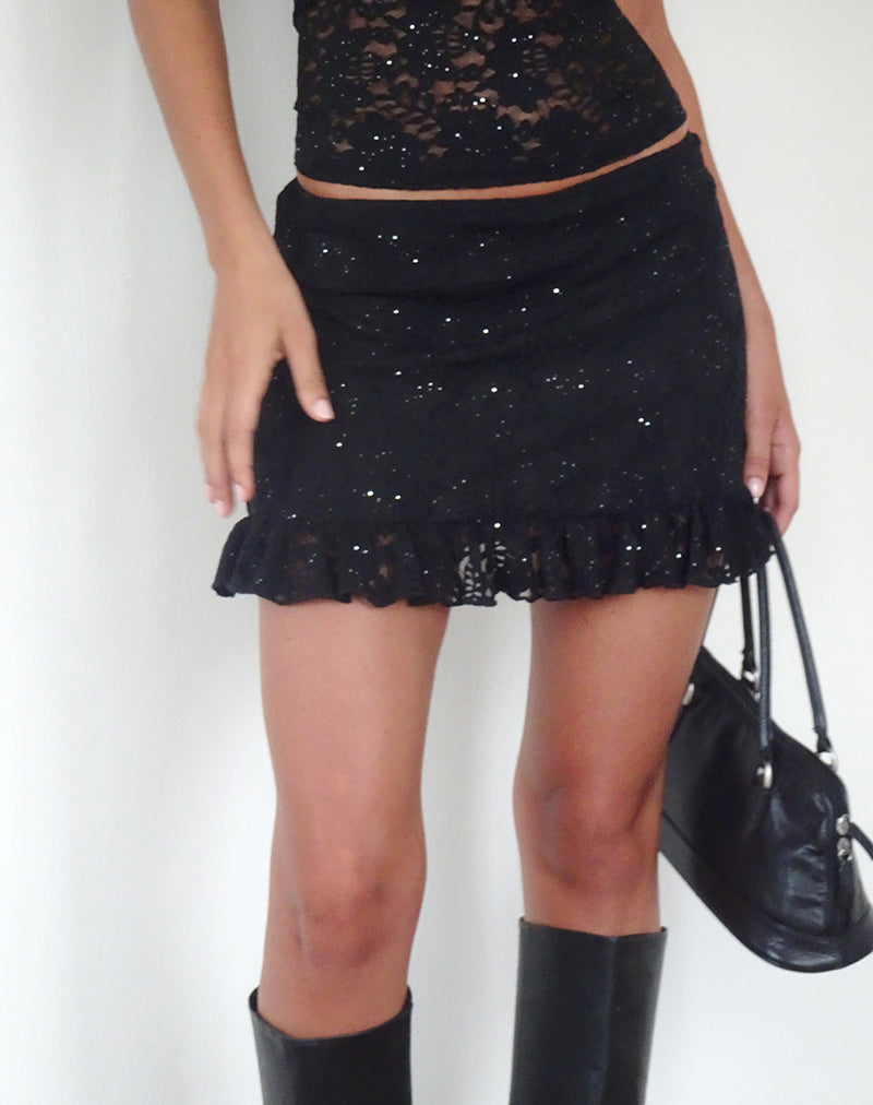 Image de la mini-jupe Karsya en dentelle à paillettes noire