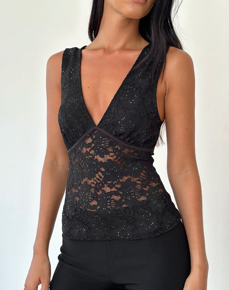 Top Vishata en dentelle à paillettes noire