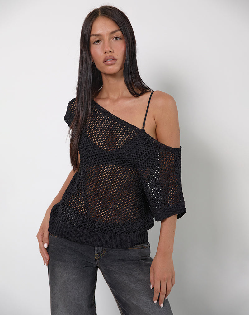 Weavora - Top à encolure dégagée en maille ouverte - Noir