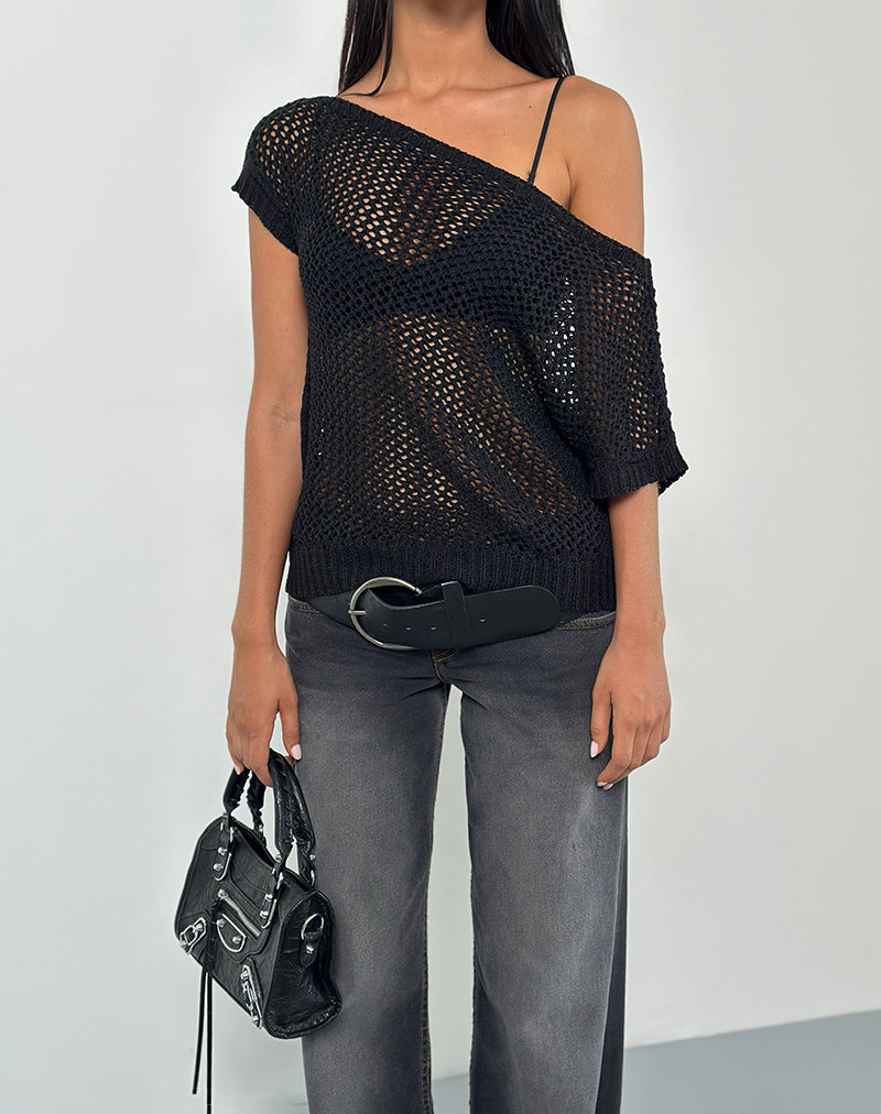 Image de Weavora Top à encolure dégagée en tricot ouvert Noir