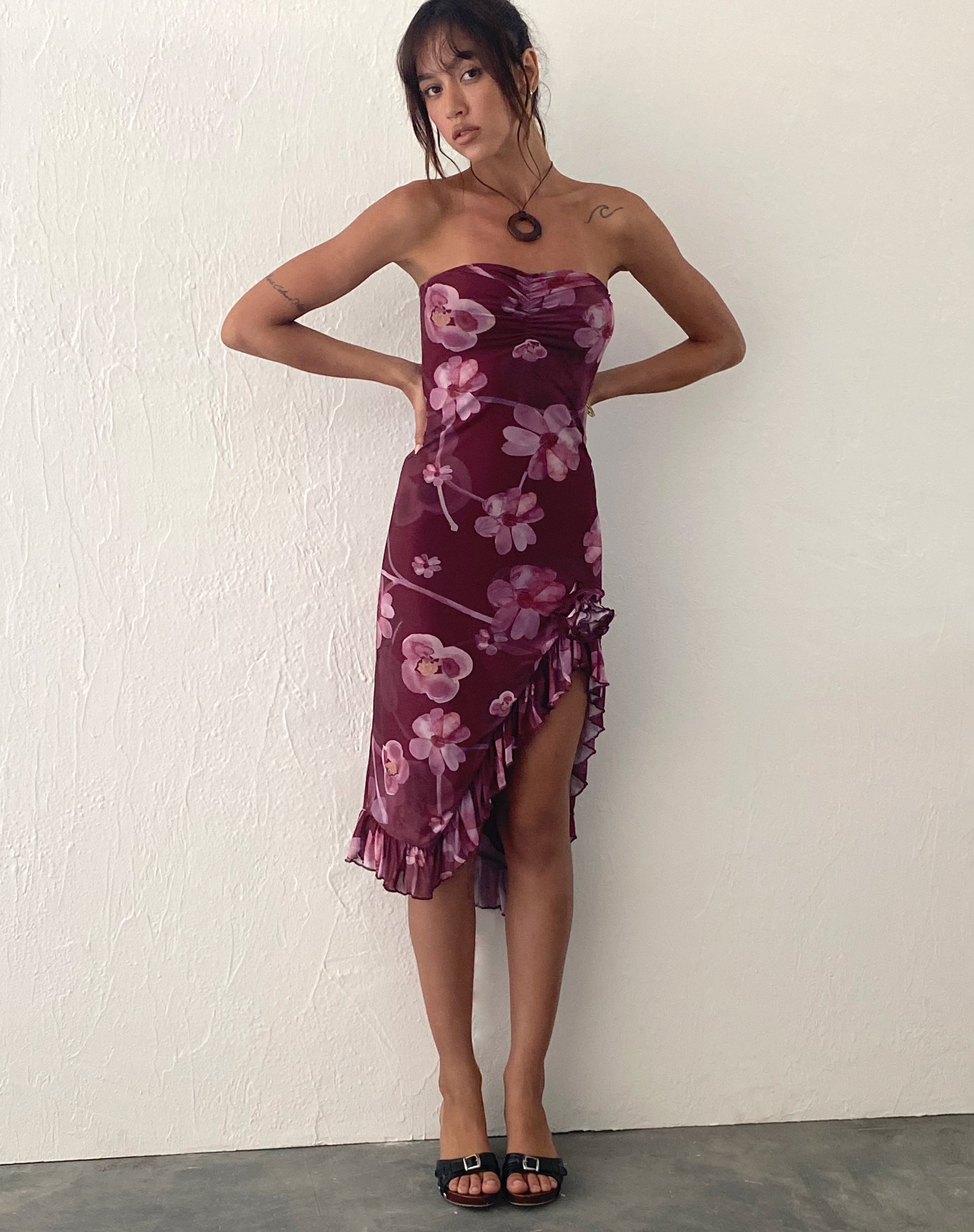 Image of Weti Bandeau Mini Dress with Waterfall Hem in Watercolour Floral Berry