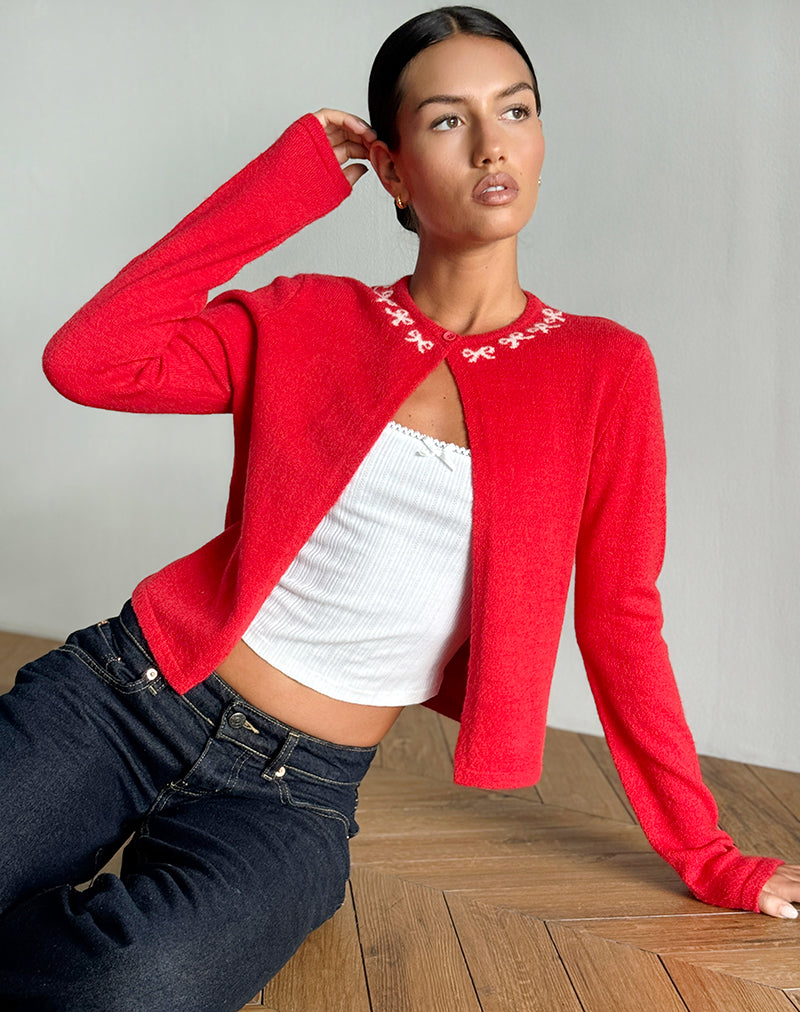 Image de Wunara Cardigan rouge avec nœuds roses
