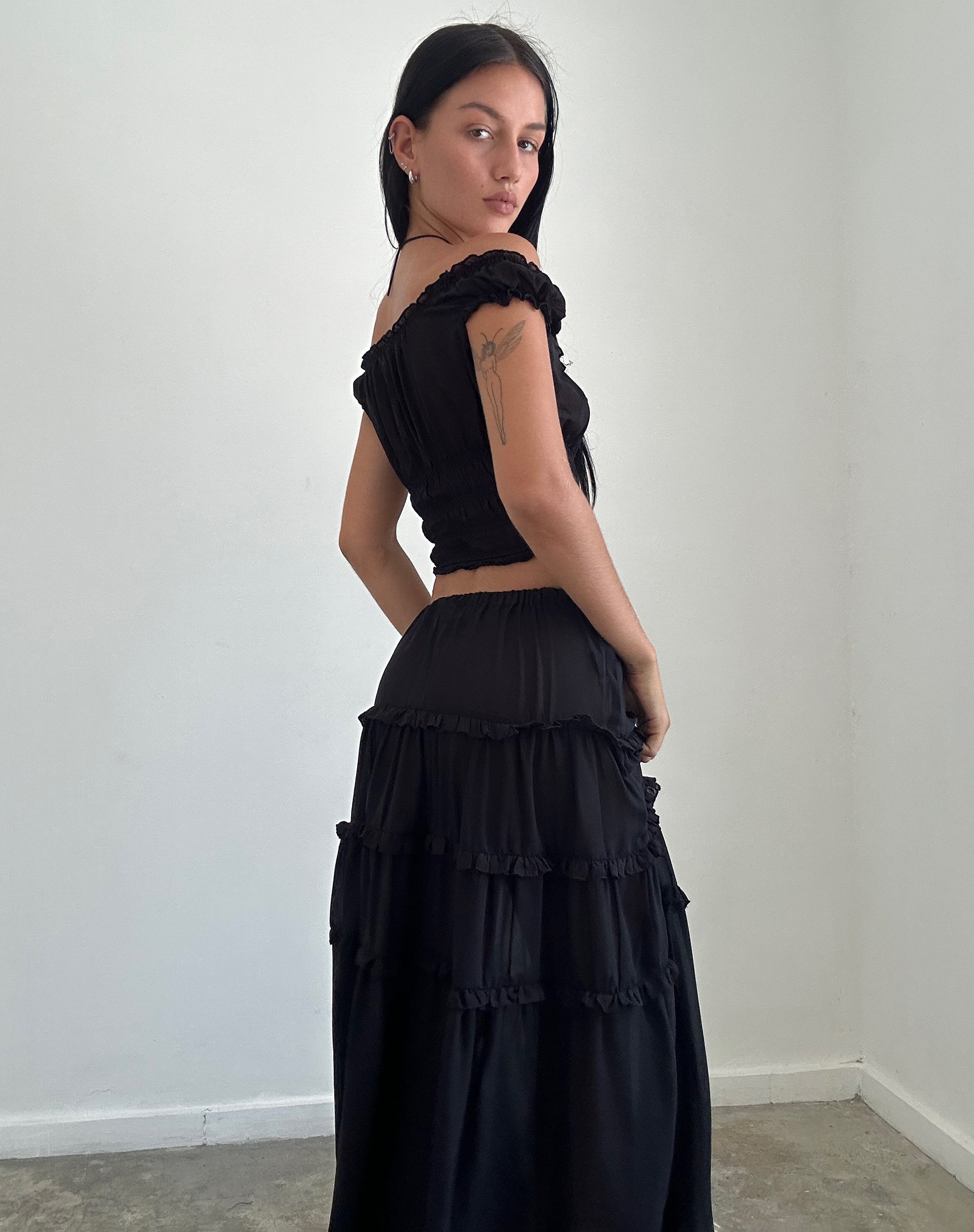 Image de Xavi Shirred Bardot Top in Chiffon Black