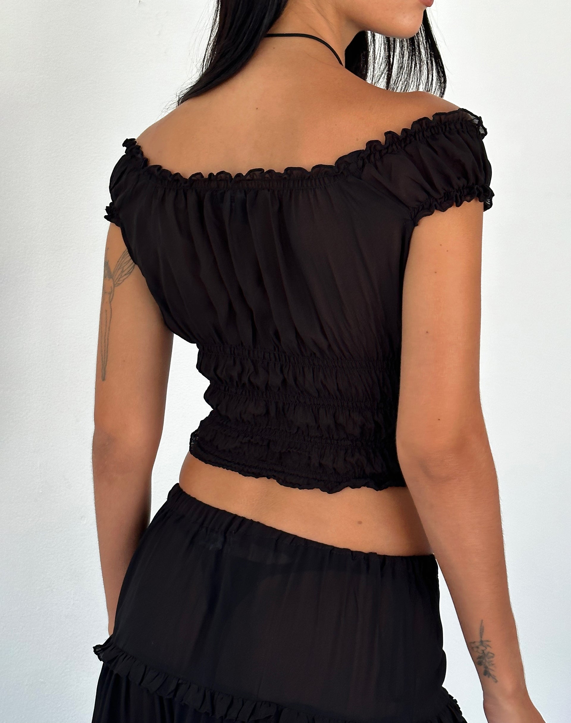 Image de Xavi Shirred Bardot Top in Chiffon Black