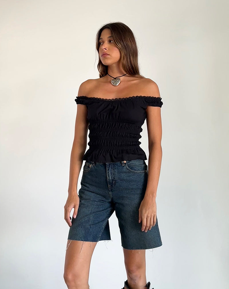 Xavinia - Top bardot froncé en popeline noire