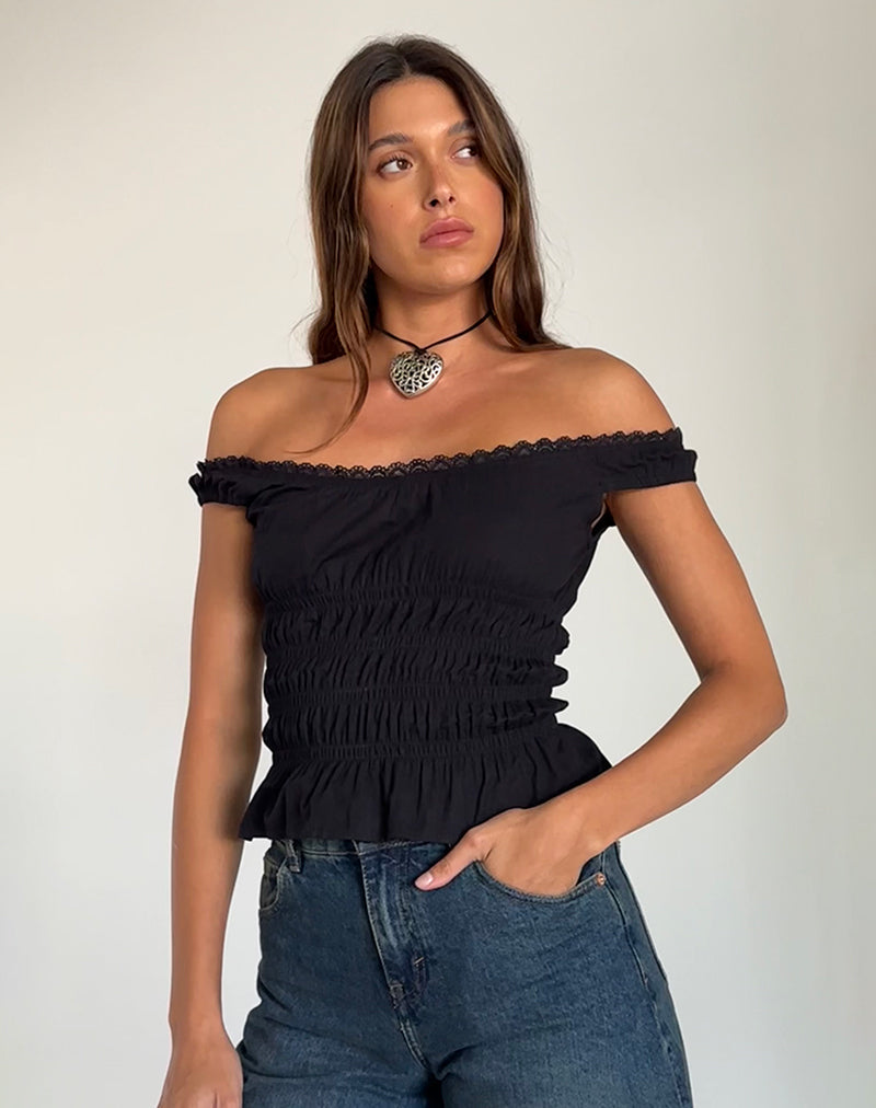 Xavinia - Top bardot froncé en popeline noire