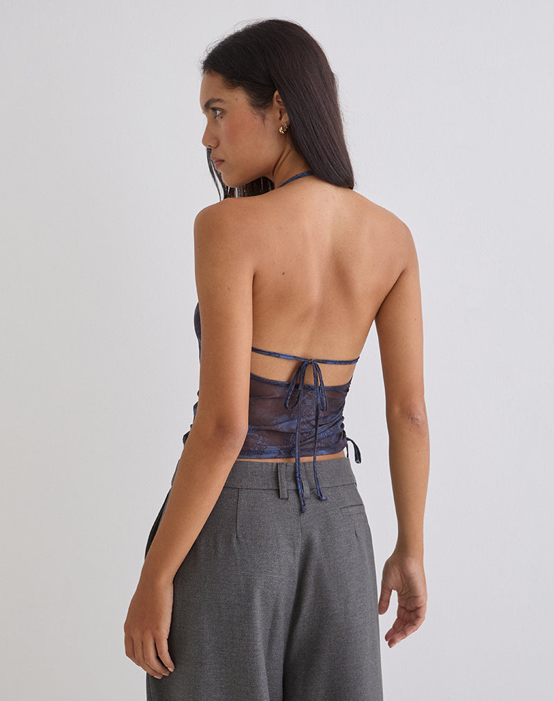 Image du haut à dos nu Xiomara en paisley bleu nuit foncé