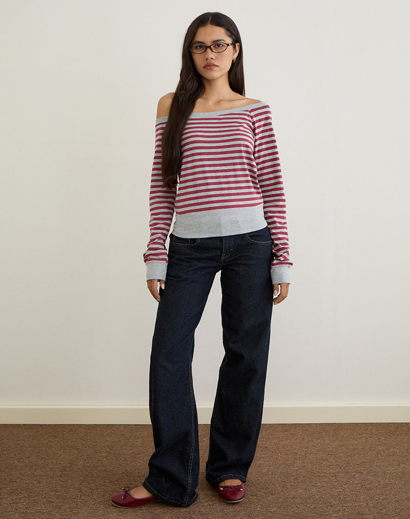 Yacin Slouchy Top in Grey and Burgundy Stripe (Top souple à rayures grises et bourgogne)