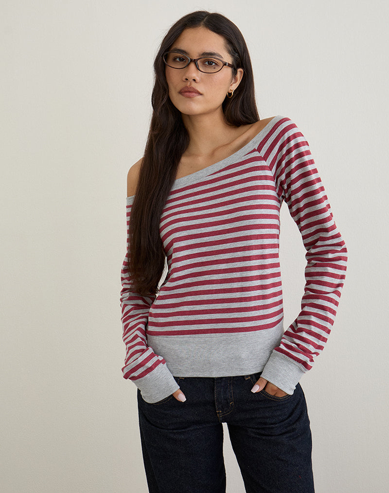 Image de Yacin Slouchy Top in Grey and Burgundy Stripe