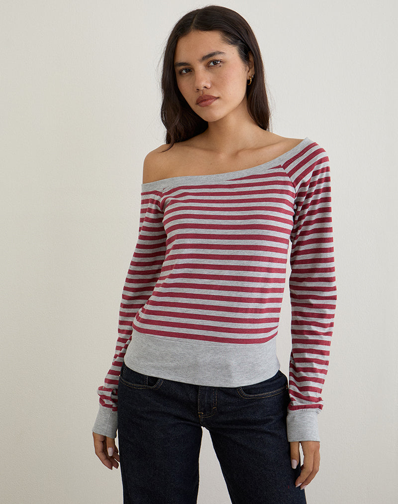 Image de Yacin Slouchy Top in Grey and Burgundy Stripe