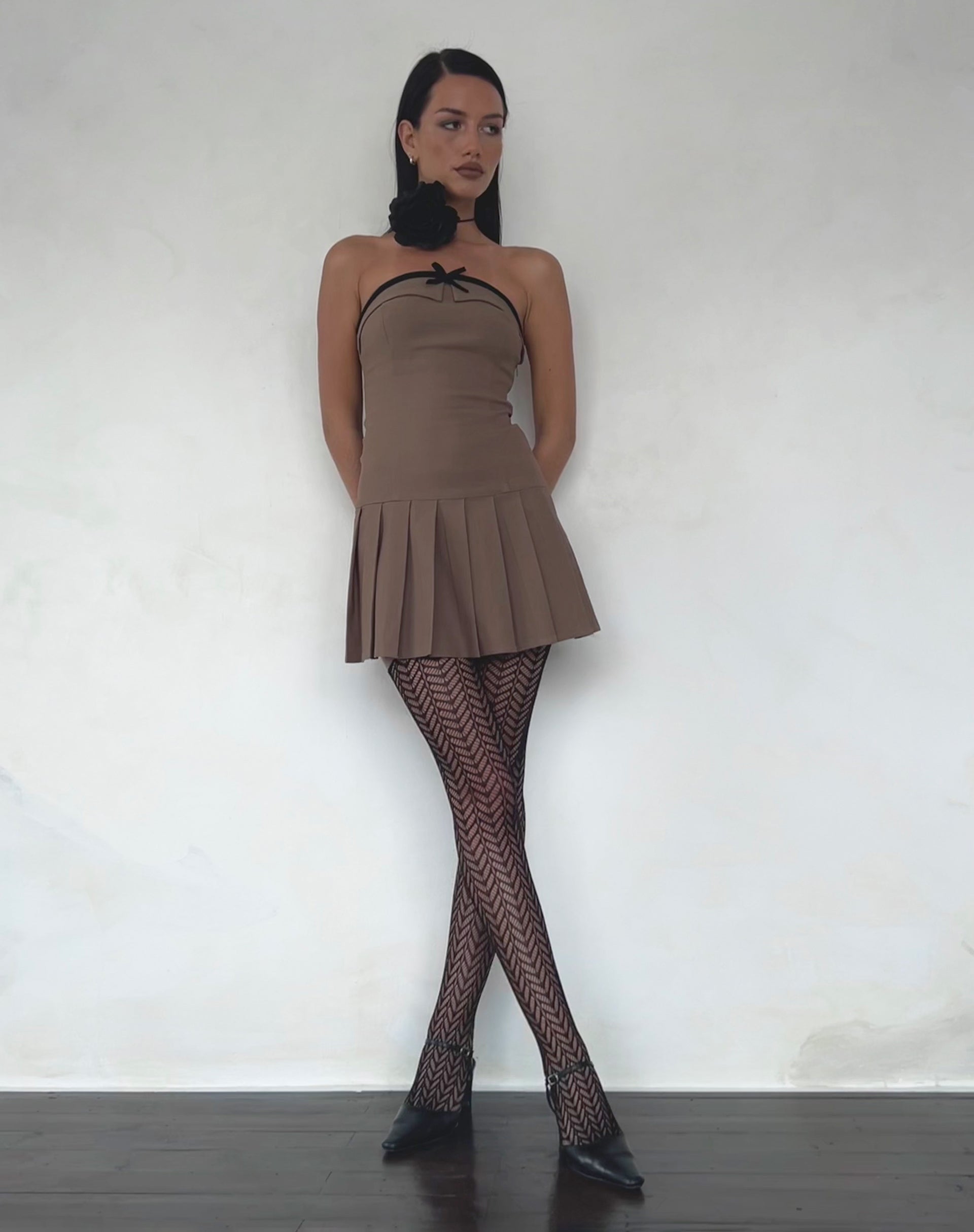 Image of Yalua Bandeau Mini Dress in Coco with Black Bow