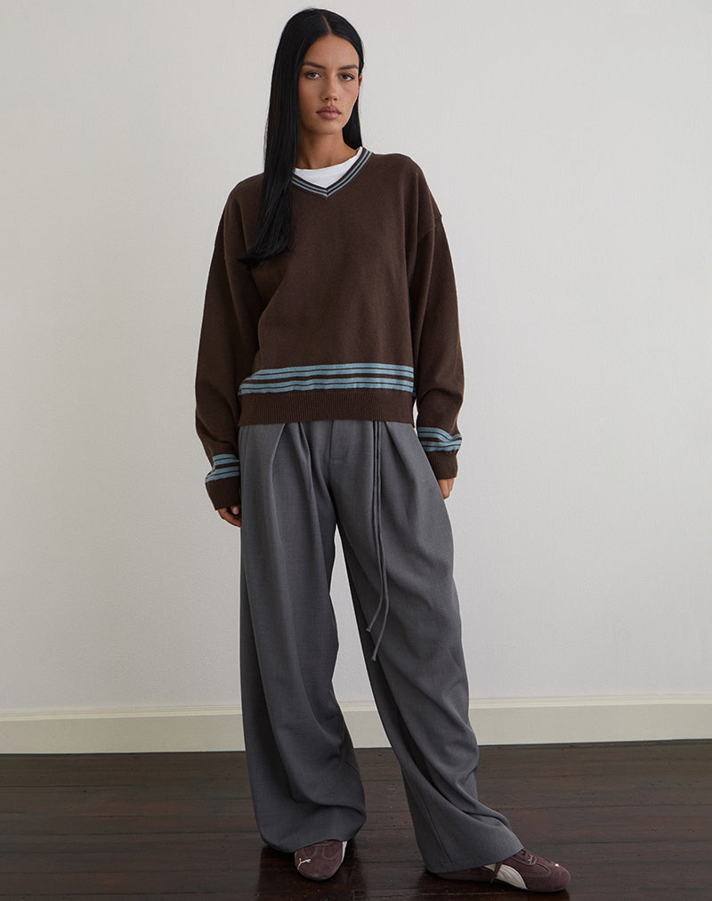 Image of Yarnia Slouchy V-neck Jumper in Brown and Blue