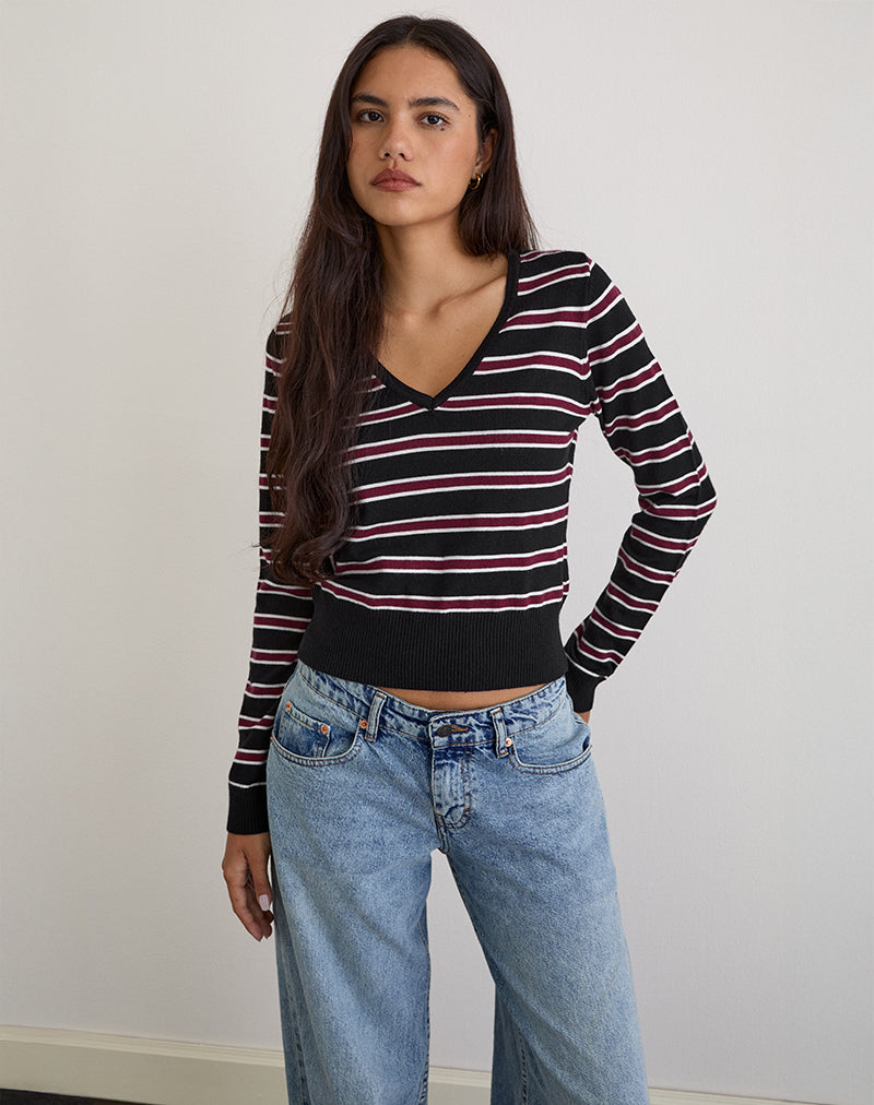 Image de Yasra Jumper en tricot à rayures Noir Bourgogne