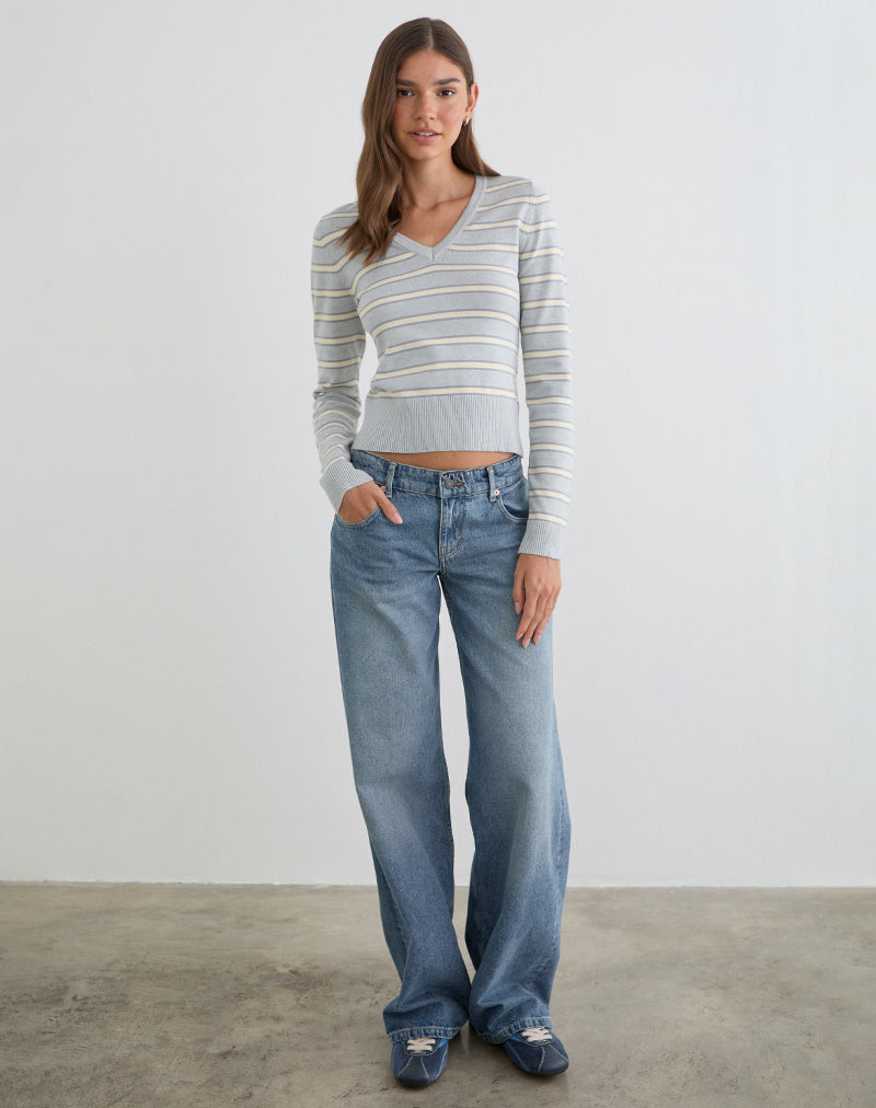 Image du pull Yasra en maille rayée crème et gris