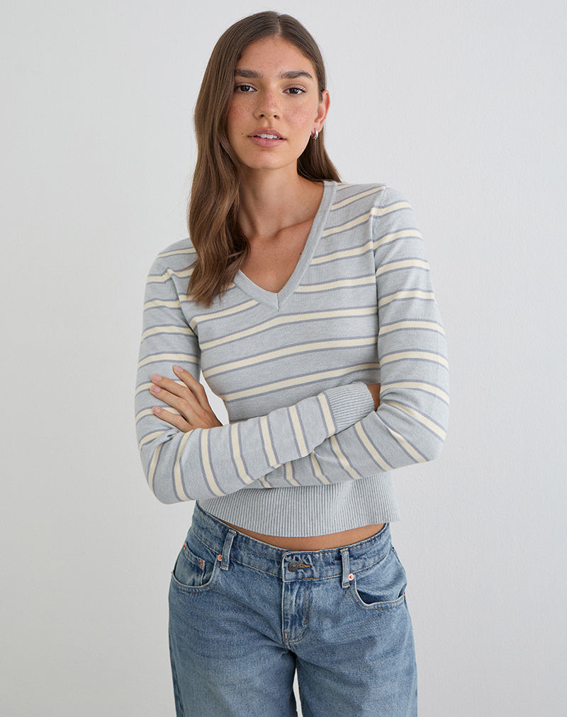 Image du pull Yasra en maille rayée crème et gris
