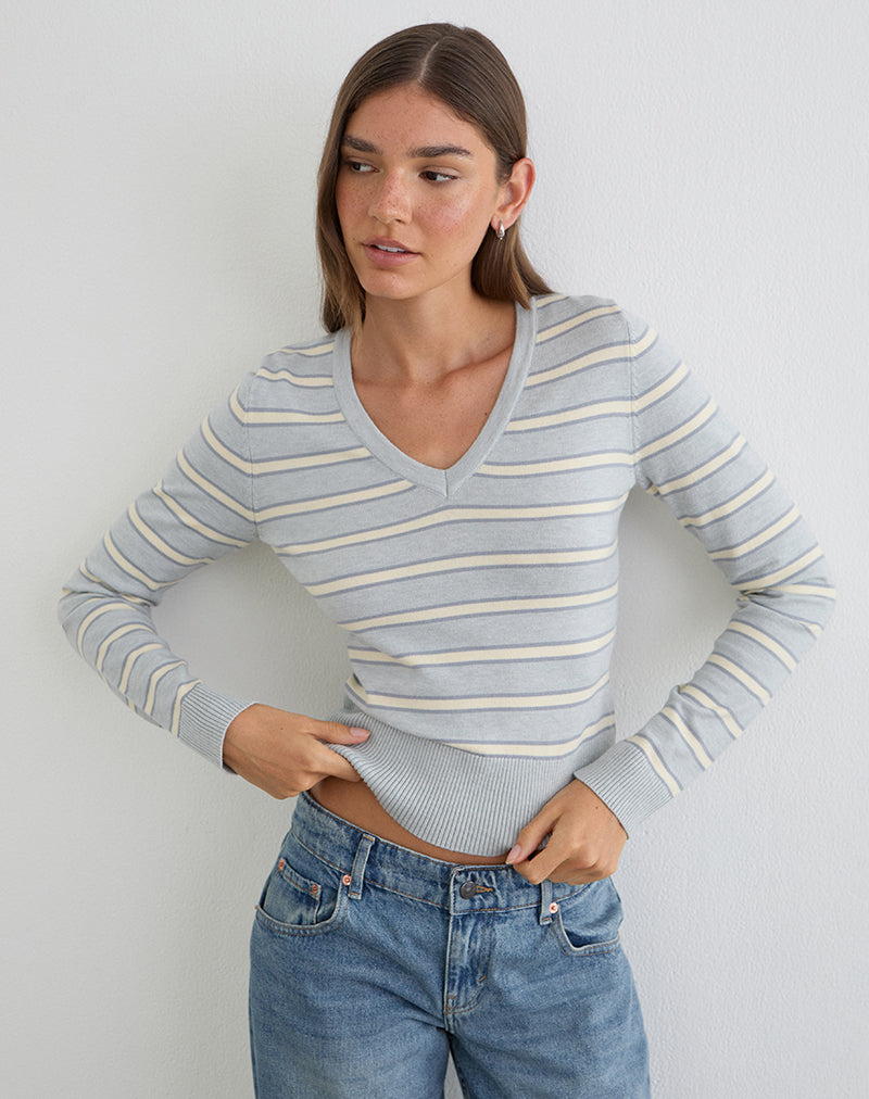 Image du pull Yasra en maille rayée crème et gris