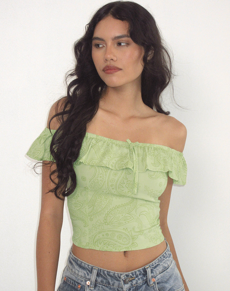 Image de Yokai Bardot Top in Retro Paisley Lime