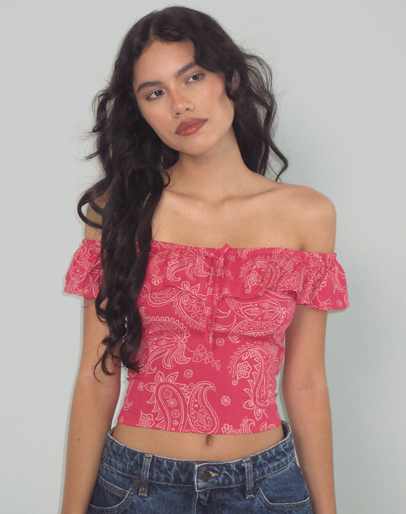 Image de Yokai Bardot Top in Retro Paisley Pink