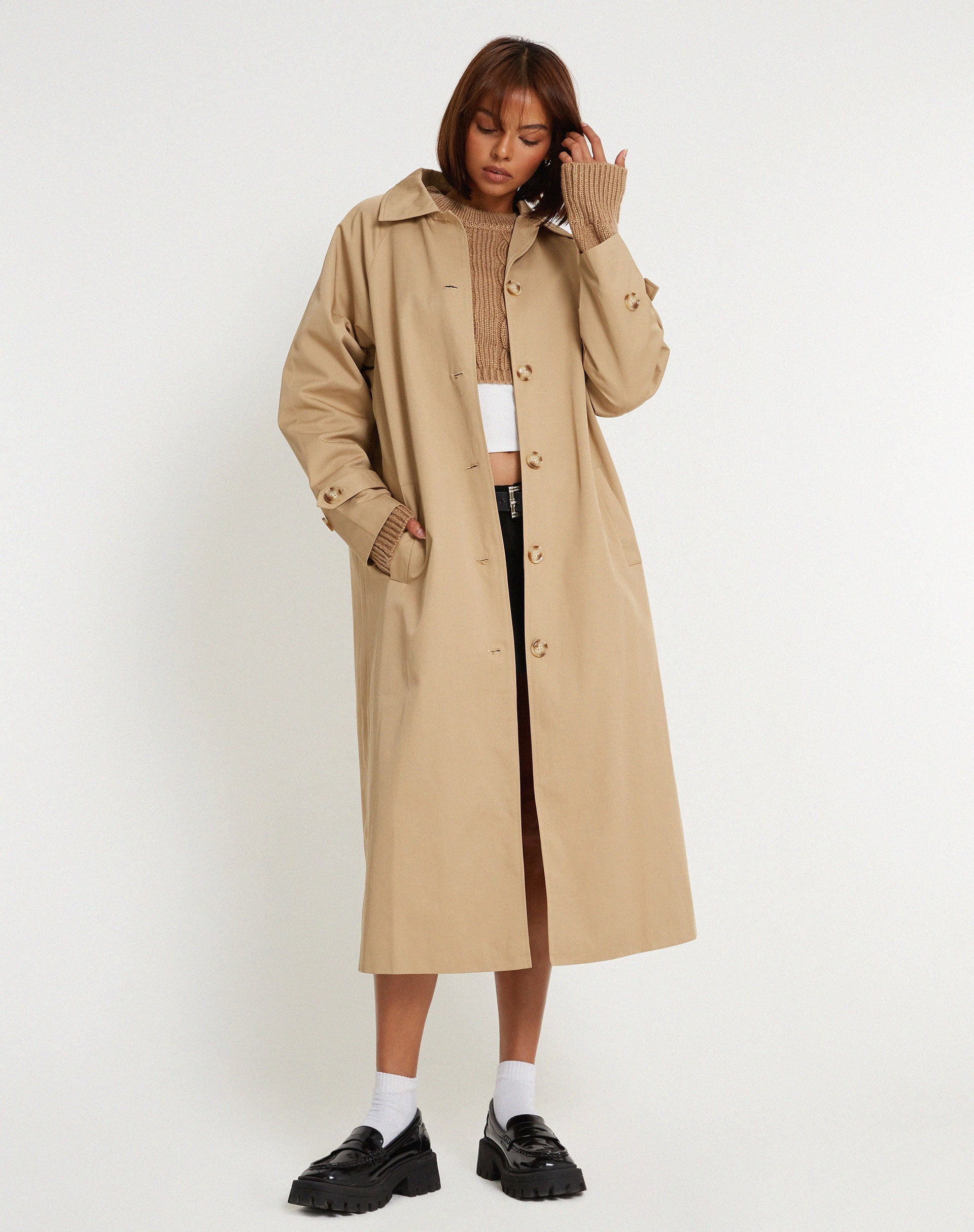 Image of Assa Trench Coat in Tan with Stripe Lining