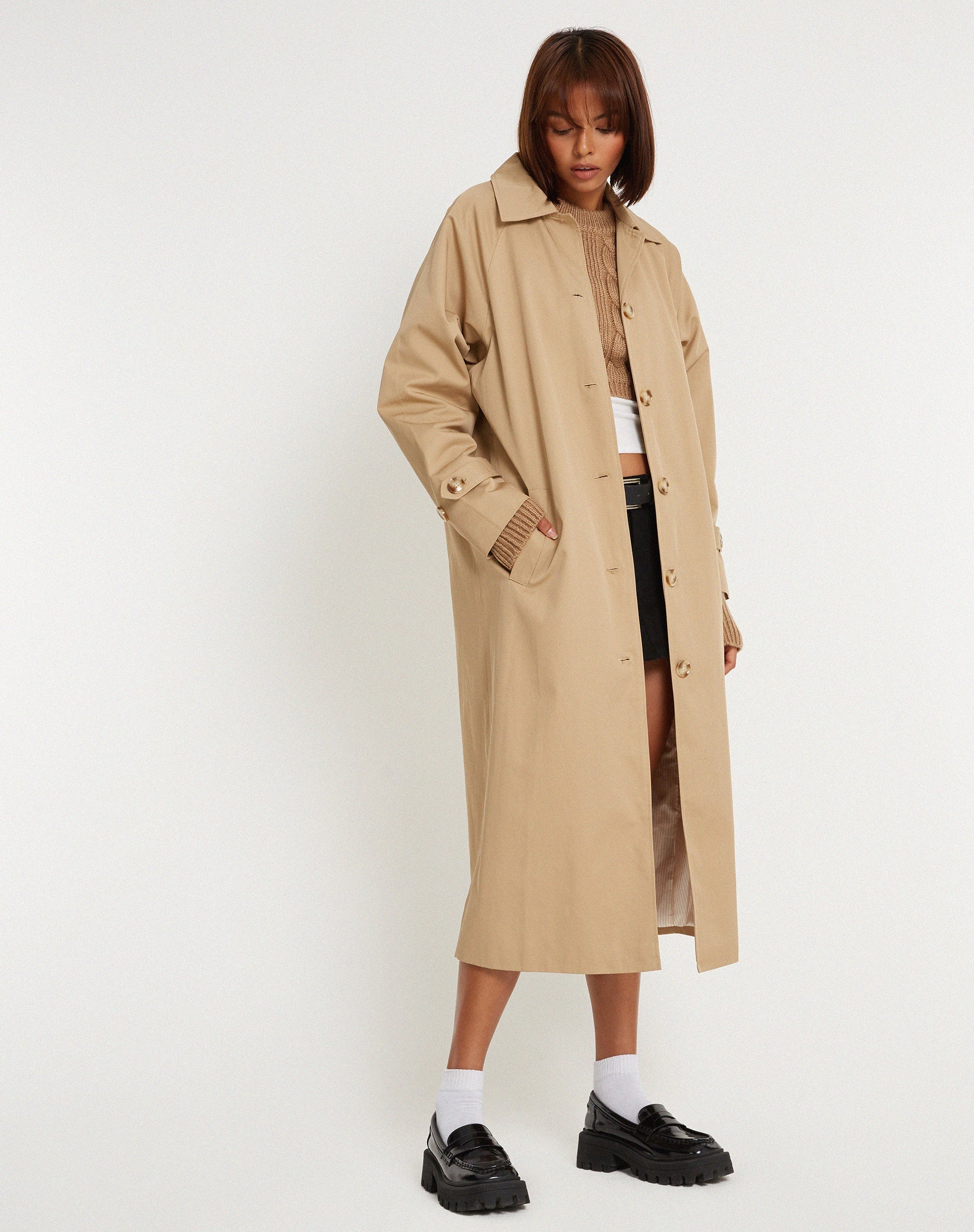 Image of Assa Trench Coat in Tan with Stripe Lining