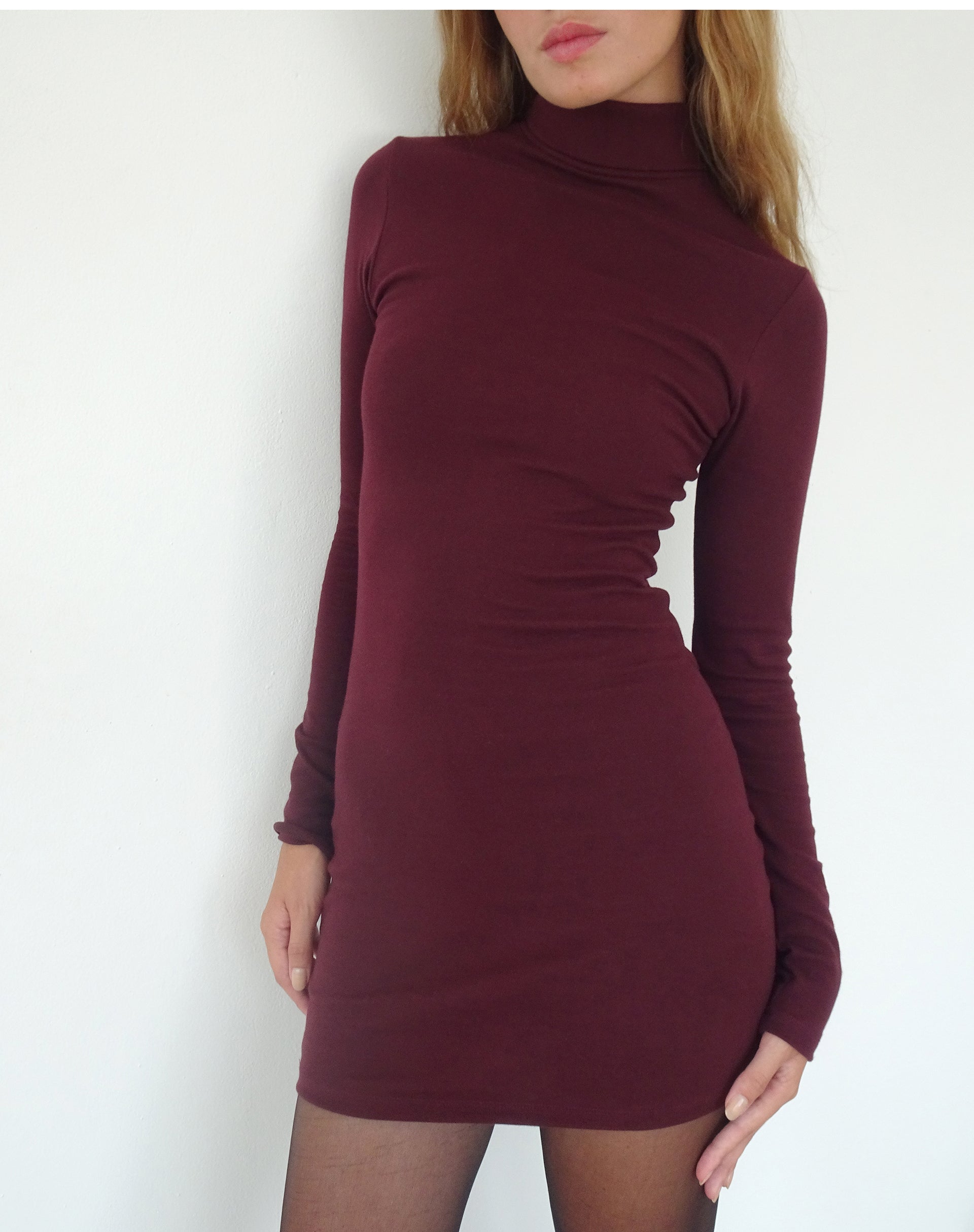 Image of Yrion Turtle Neck Bodycon Mini Dress in Burgundy