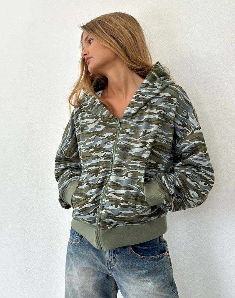 Yukadi Zip Through Hoodie en vert camouflage