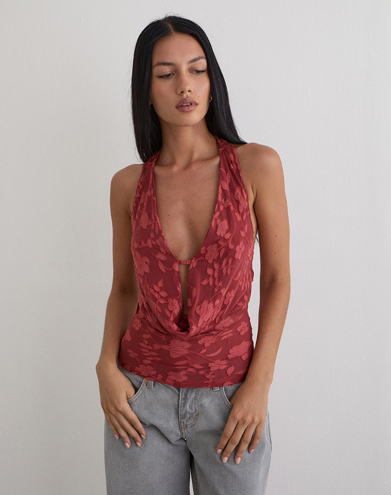 Image de Yukari Plunge Top in Burnout Mesh Red