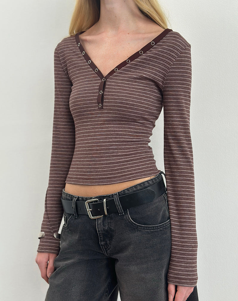 Image de Yusi Long Sleeve Top in Brown and Grey Stripe