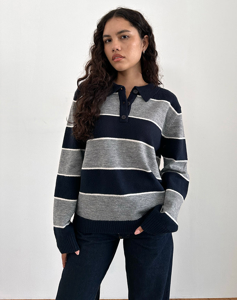 Yusnada - Pull rugby oversize à rayures gris et bleu marine