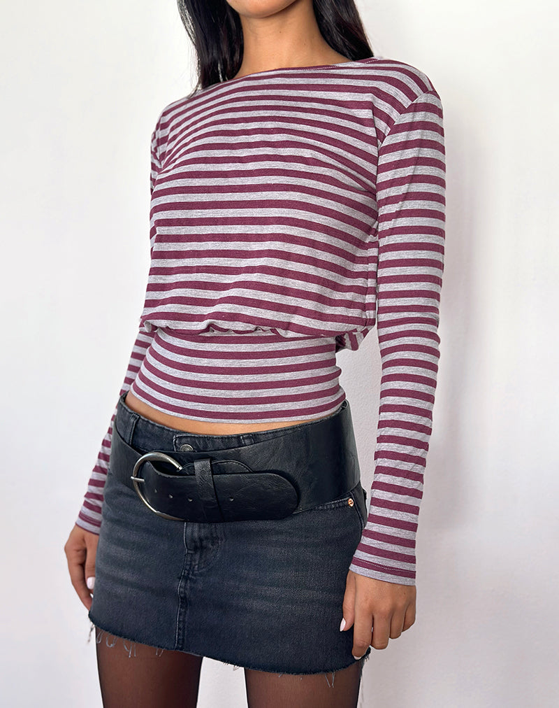 Zahir Long Sleeve Top in Burgundy and Grey Stripe (Top à manches longues à rayures bourgogne et grises)