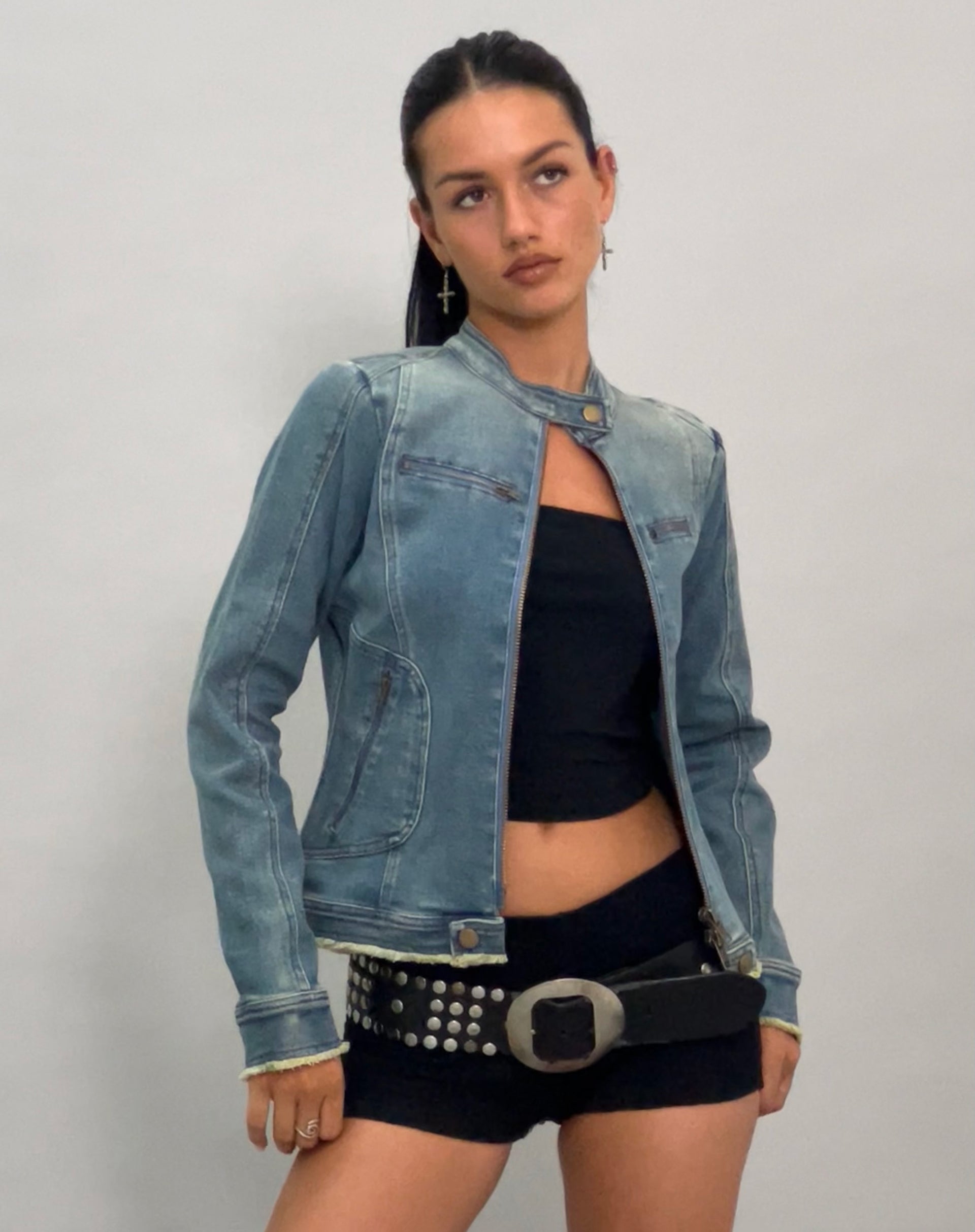 Image OF Zayn Fitted Biker Jacket in Vintage Blue Denim
