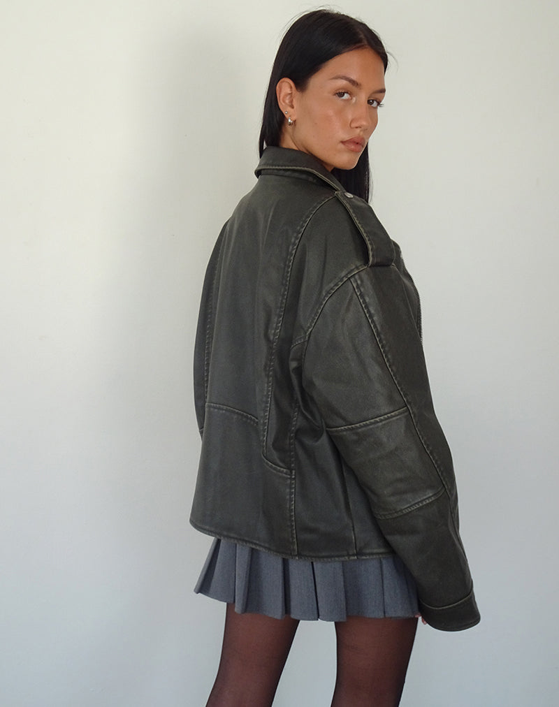 Image de Zebbie Distressed Biker Jacket in Olive