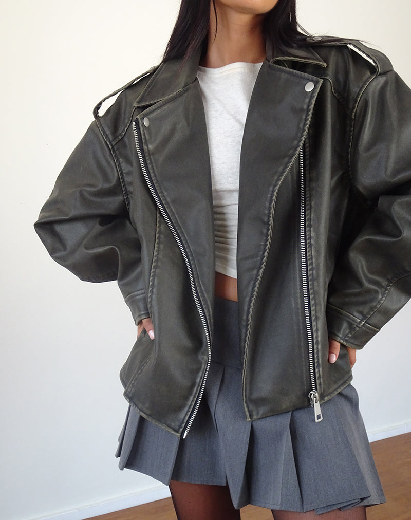 Image de Zebbie Distressed Biker Jacket in Olive