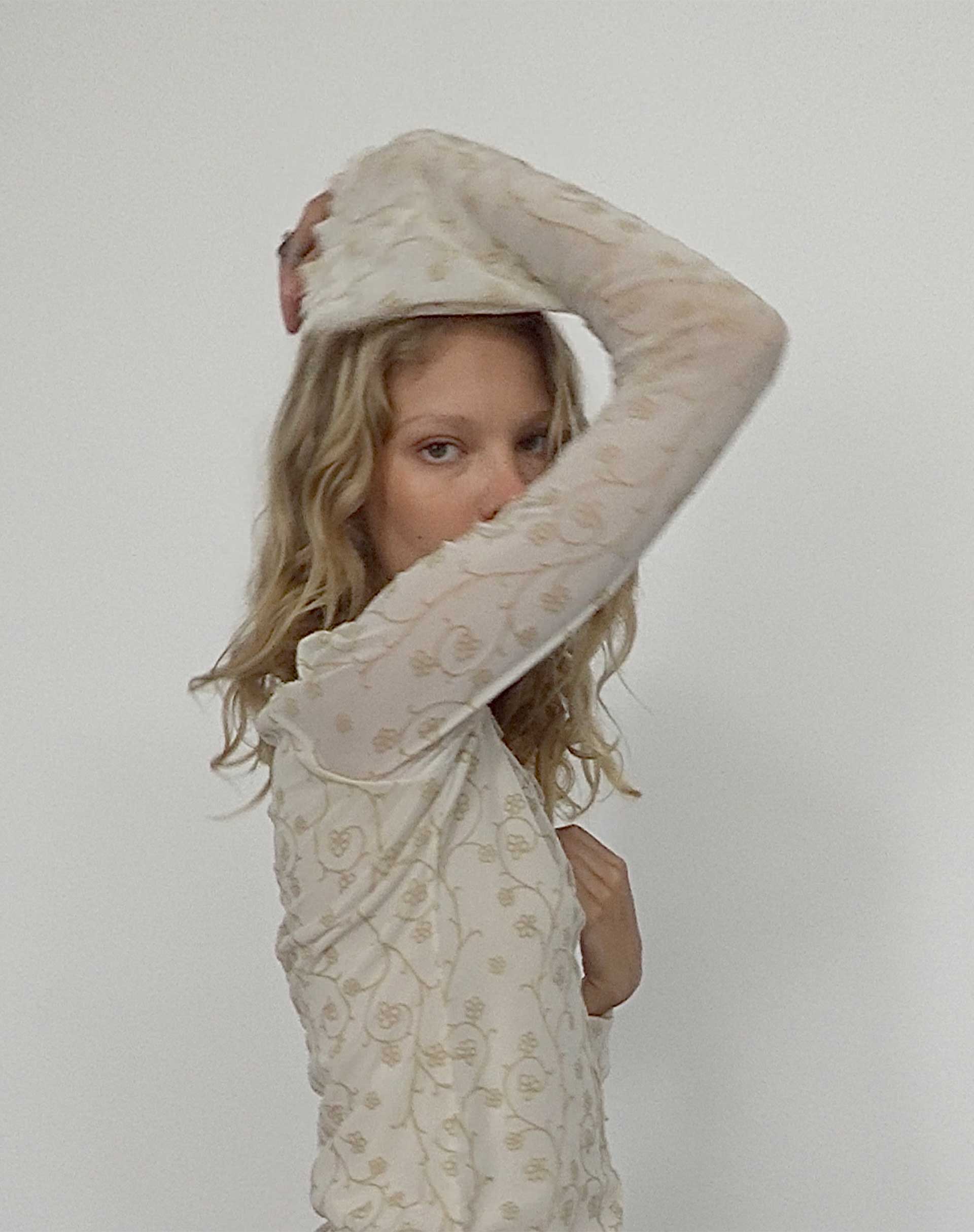 Image de Zest Mesh Long Sleeve Top in Beige with Light Tan Flock