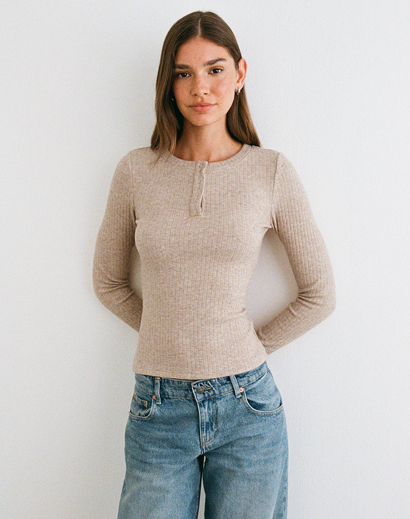 Image du haut à manches longues boutonné Zinta en tricot côtelé couleur avoine