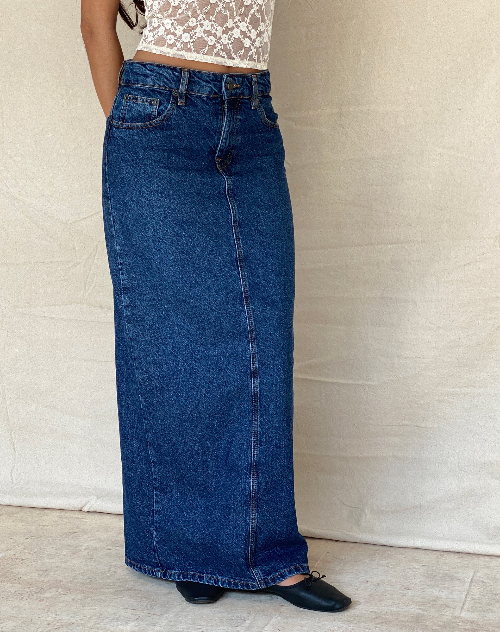 image de Jupe longue en denim à taille basse, bleu moyen utilisé