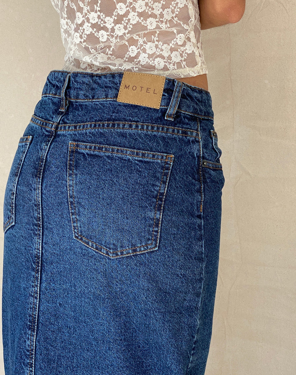 Jupe longue en denim à taille basse, bleu moyen Used