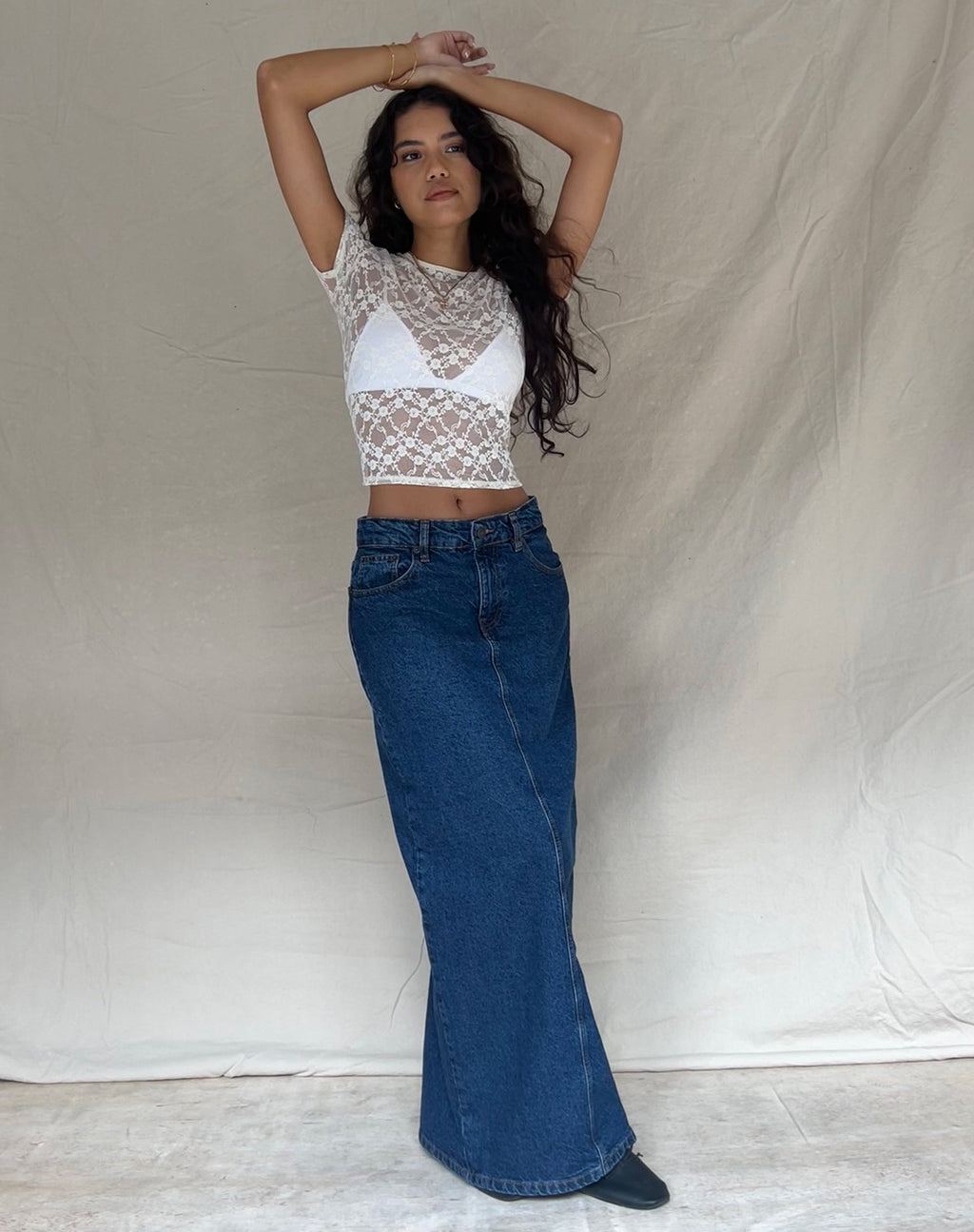 Jupe longue en denim à taille basse, bleu moyen Used