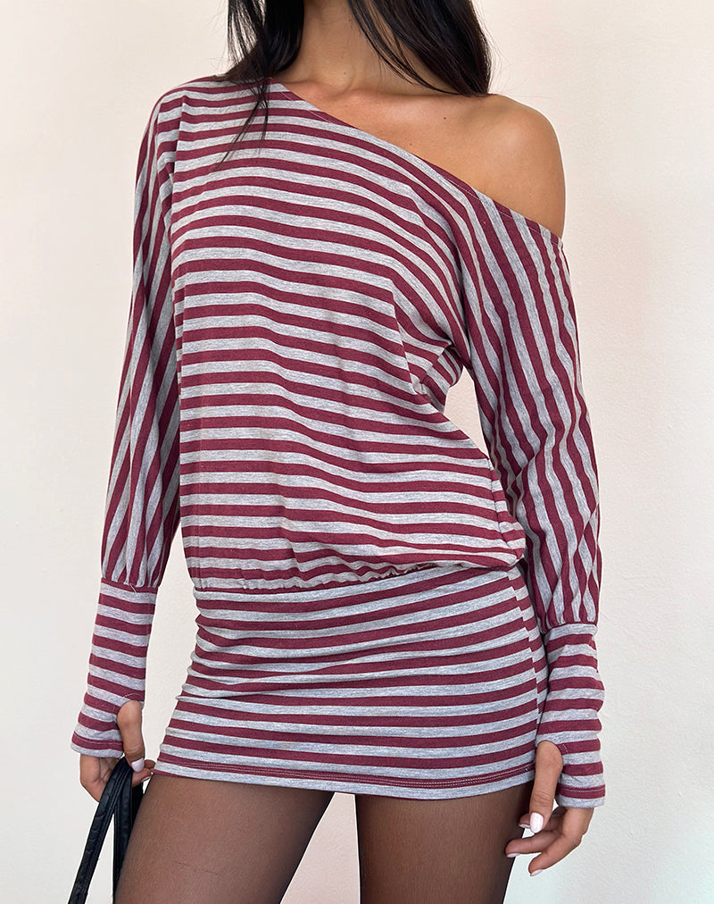 Zylina Mini Dress in Burgundy and Grey Classic Stripe (Mini robe Zylina en rayures classiques bourgogne et grises)