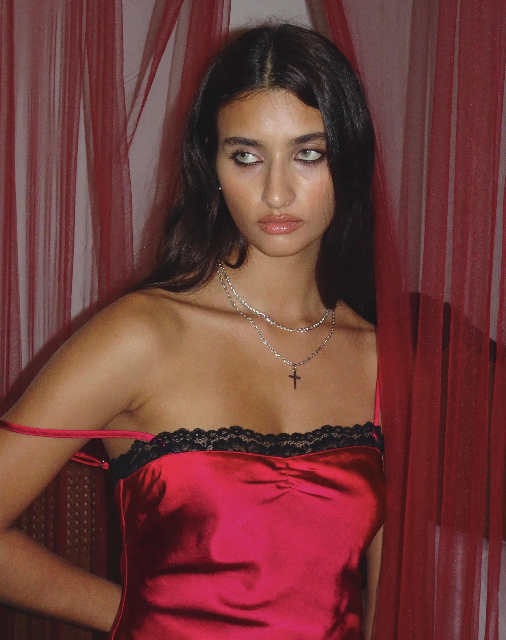 Image of Larna Satin Mini Dress in Red with Black Lace Trimming