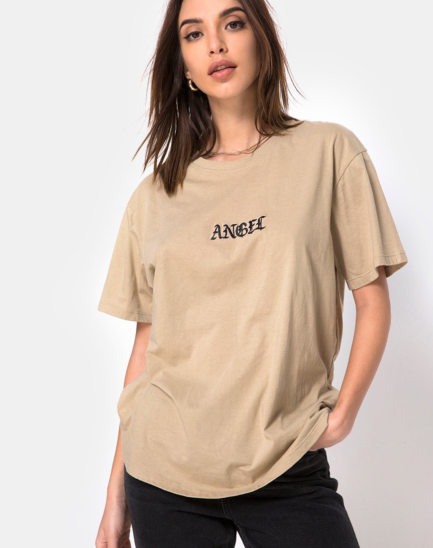 Image of Oversize Basic Tee in Tan with Angel Embroidery