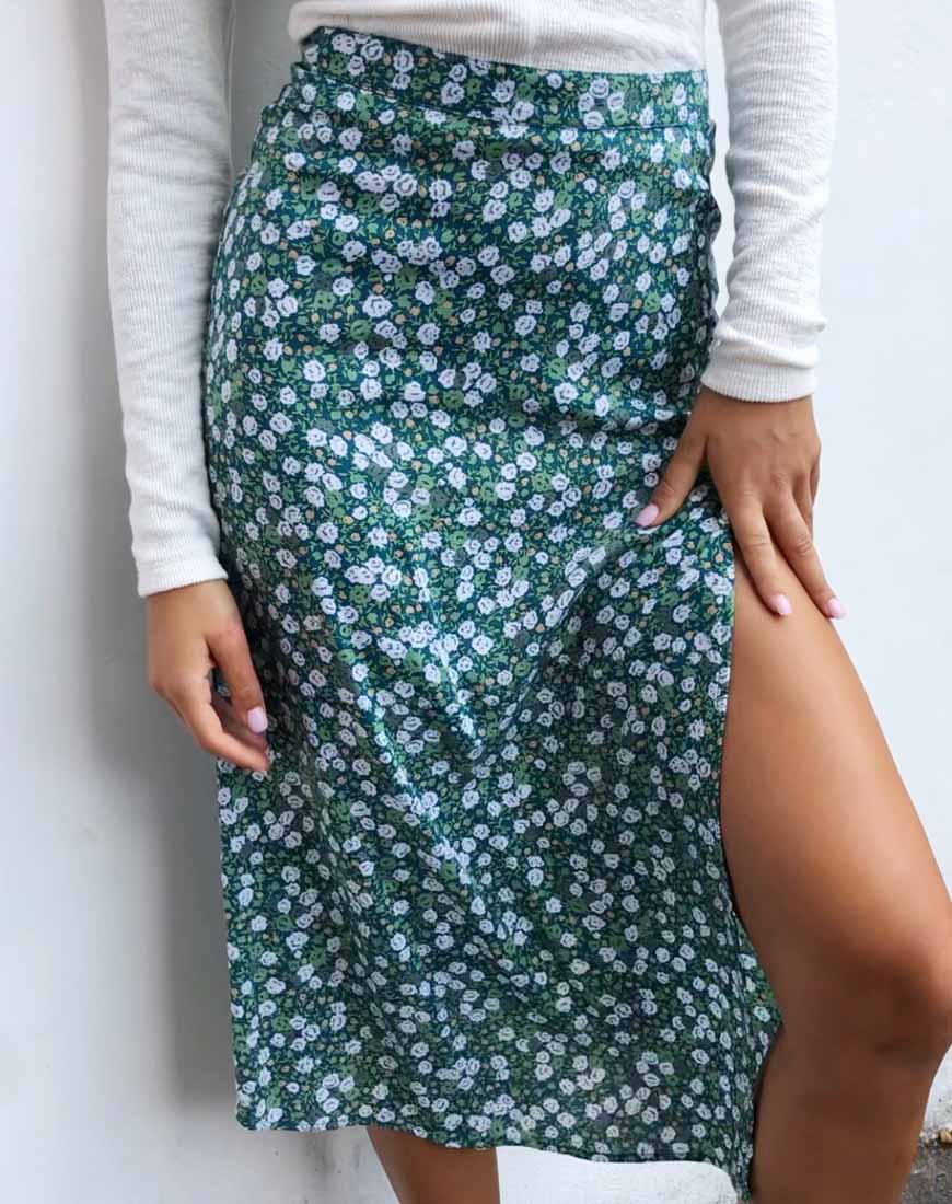 Jupe midi Saika, vert champ floral