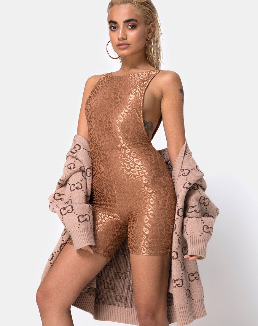 Acro Unitard en Leopard Sheen Net Caramel