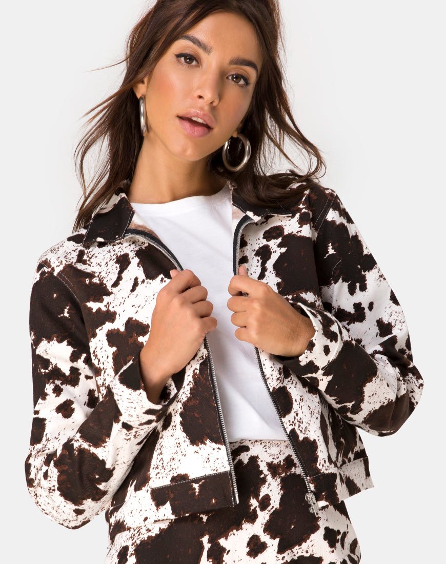 Image de la veste Agatha en peau de vache marron et blanche