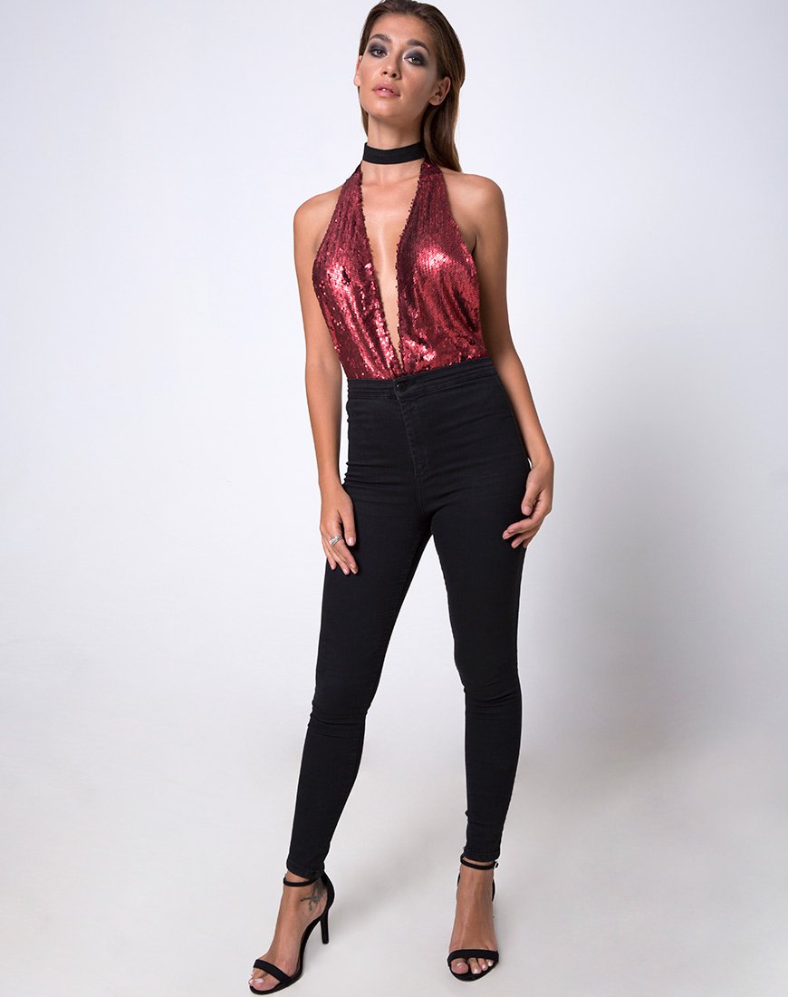 Image de l'Ally Plunge Bodice en Fishcale Matte Sequin Wine