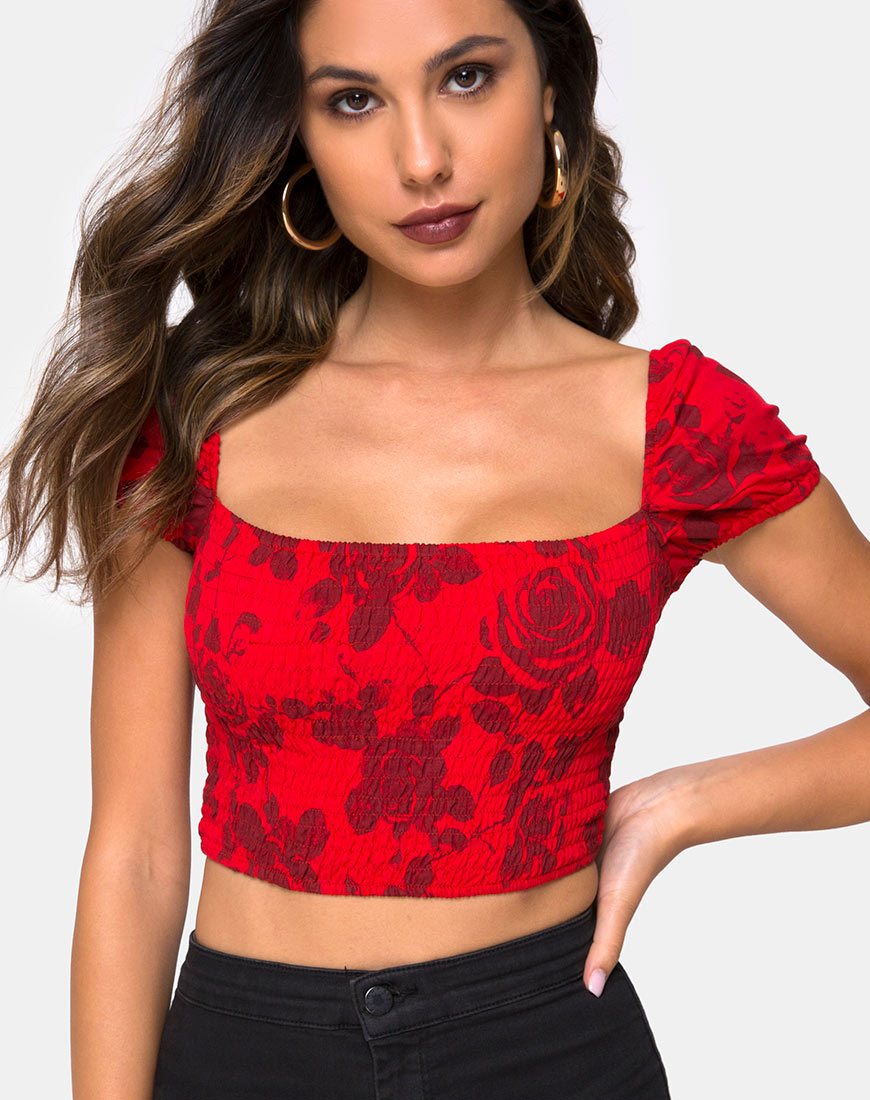 Alya Crop Top in Tonal Floral Red (Top court Alya à fleurs tonales rouges)